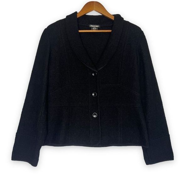 Sarah Black Button Front Padded Shoulder Wool Blazer Jacket‎ Coat Large - Picture 1 of 13